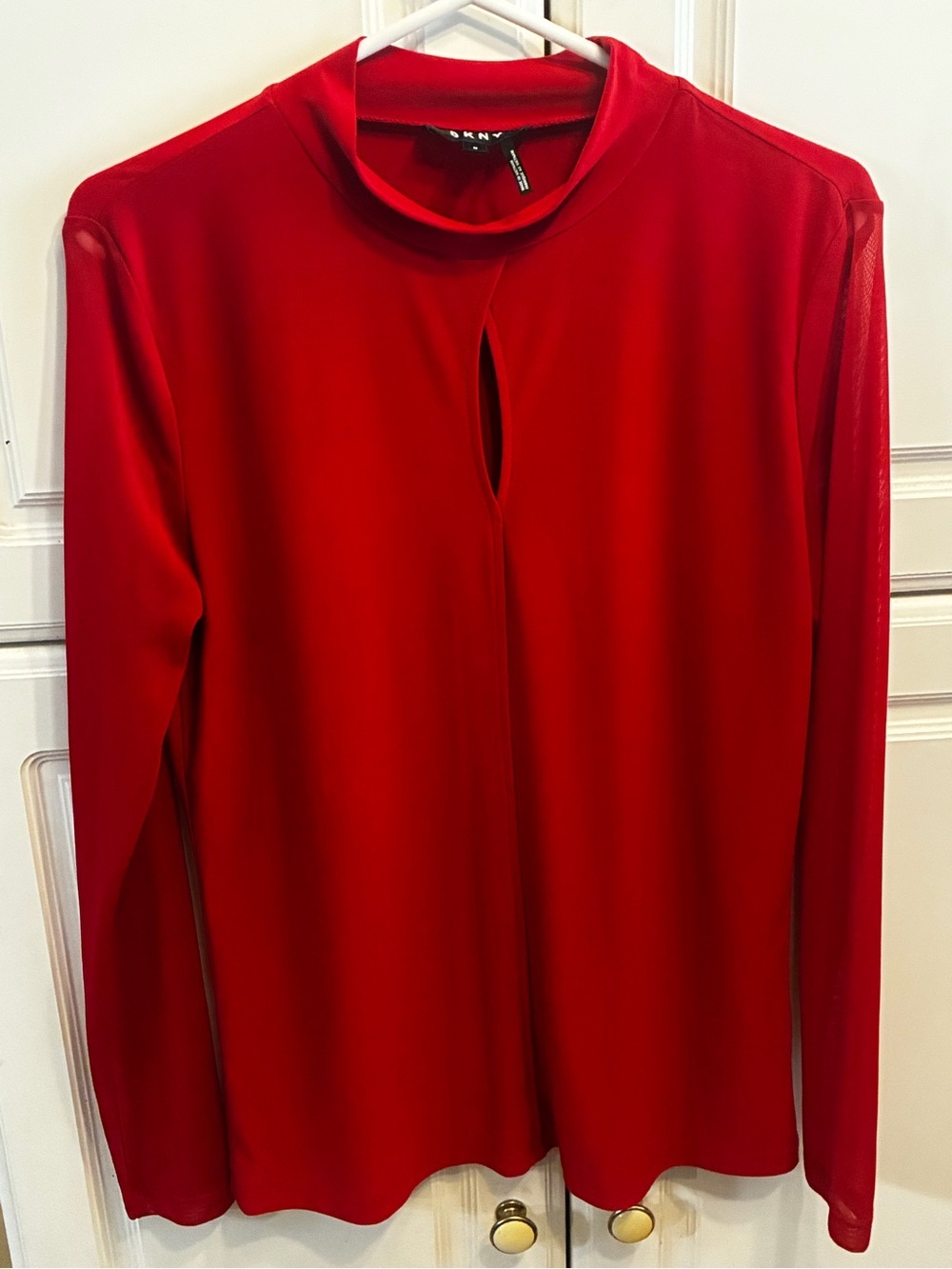 DKNY Red Long Sleeve Mock Neck Top with Front Keyhole Detail, Size: M